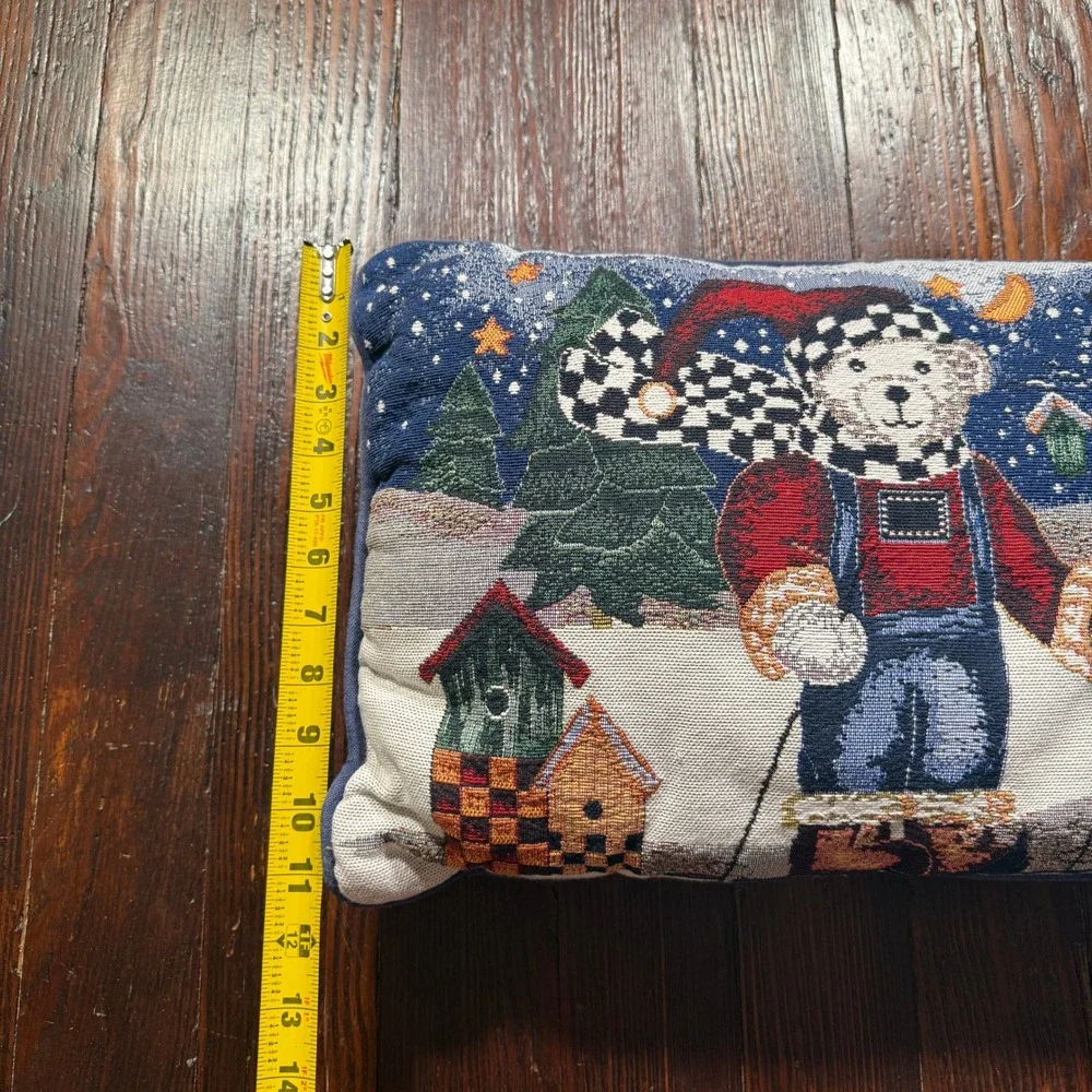 Vintage Winter Skiing Teddy Bear Snowman Woven Tapestry Throw Pillow Navy 16x11